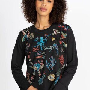 Johnny Was Zoe Embroidered Sweatshirt  Size S Boho Chic Animals Floral